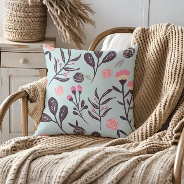 Pillow on bamboo couch with blue, pink and grey florals