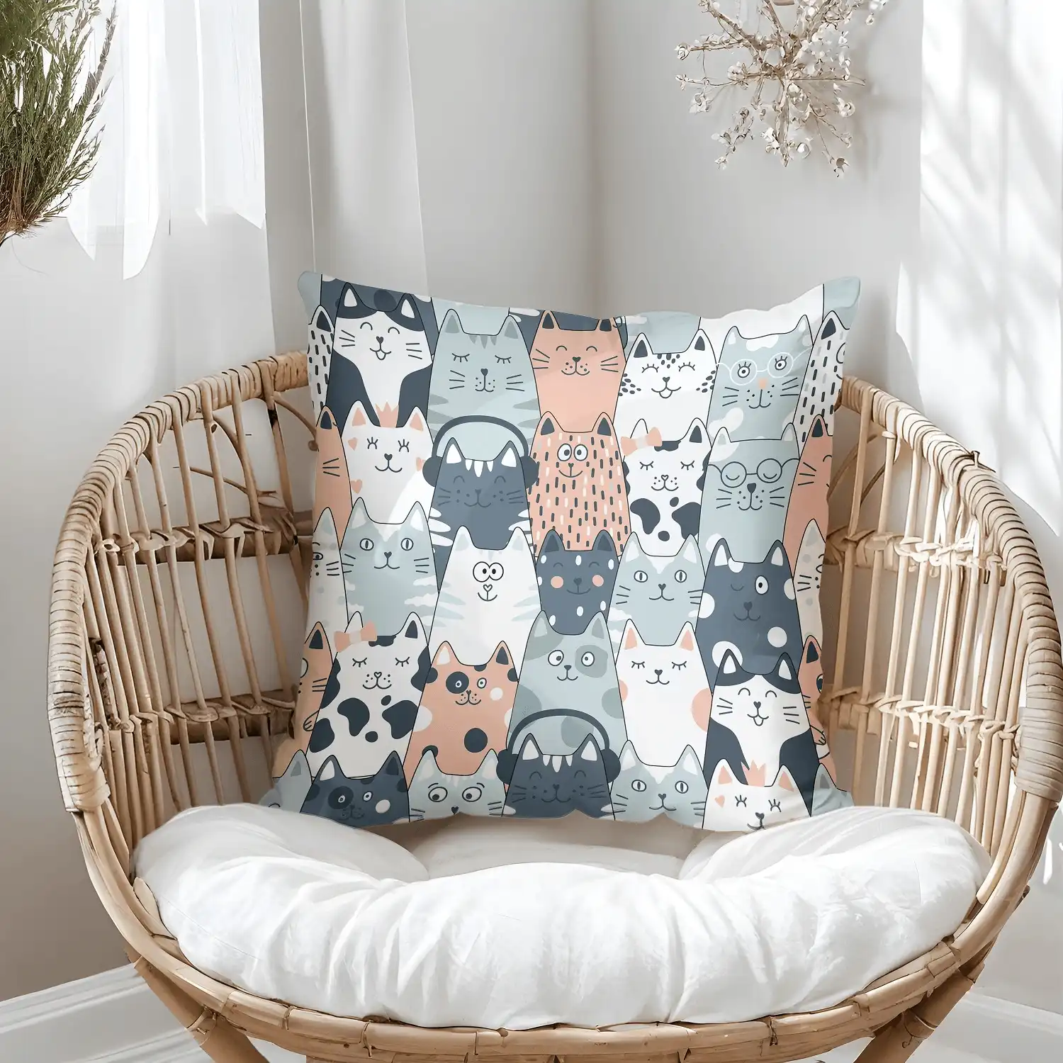 Cat Throw Pillow 1 Pillow on bamboo couch with cats