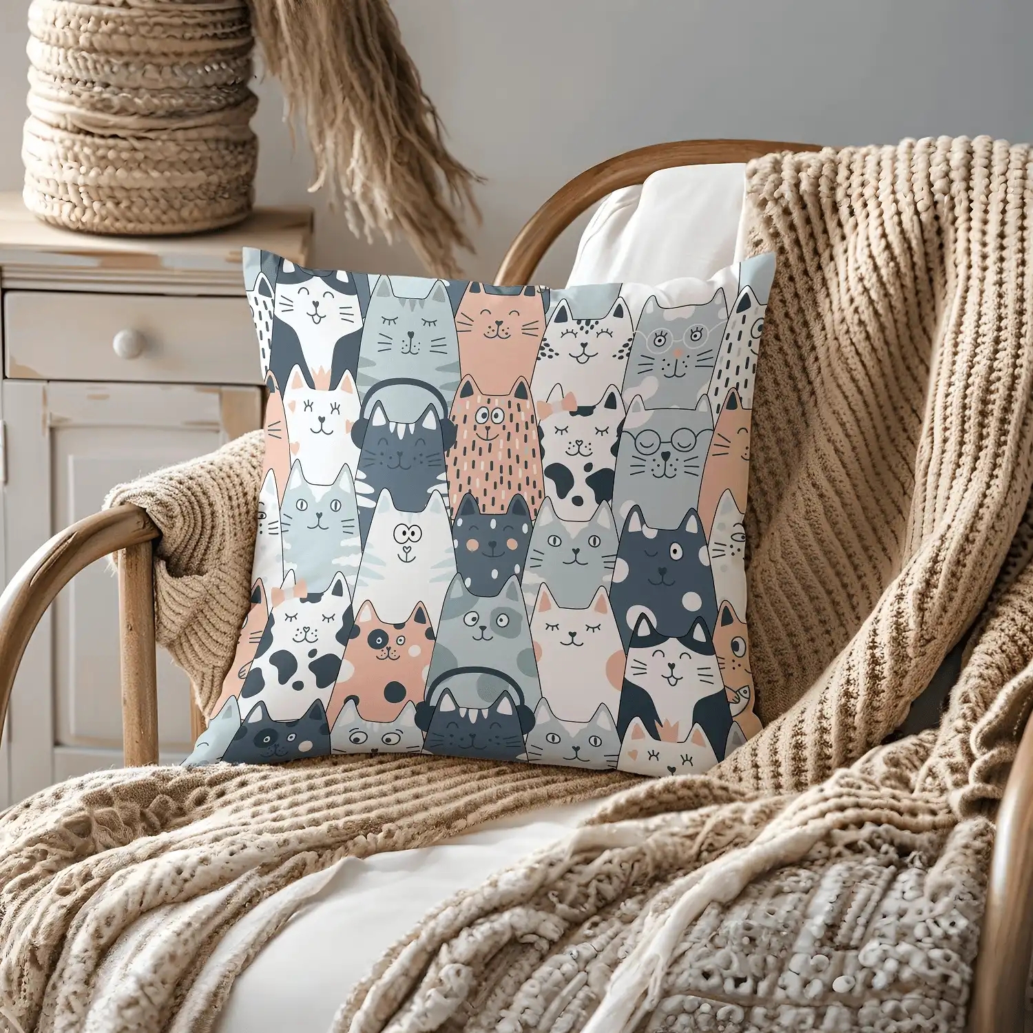 Cat Throw Pillow 5 Pillow on bamboo couch with cats