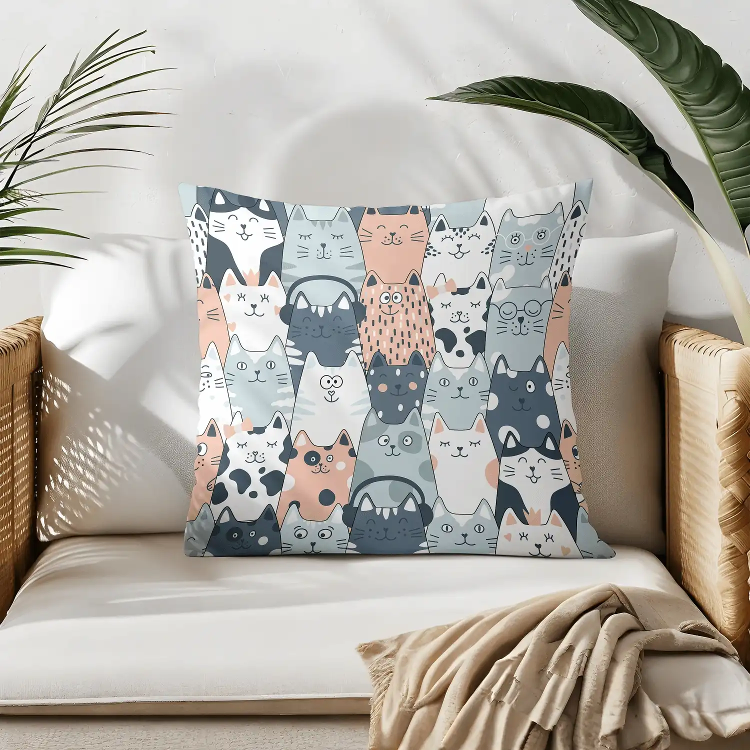 Cat Throw Pillow 4 Pillow on bamboo couch with cats