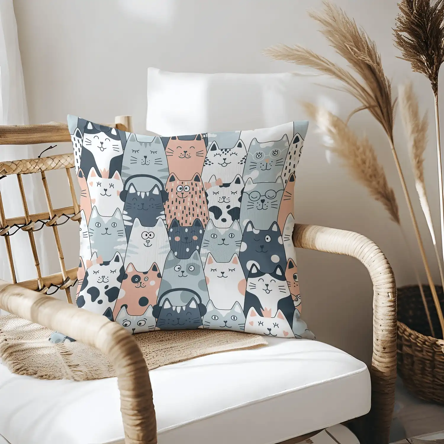 Cat Throw Pillow 3 Pillow on bamboo couch with cats