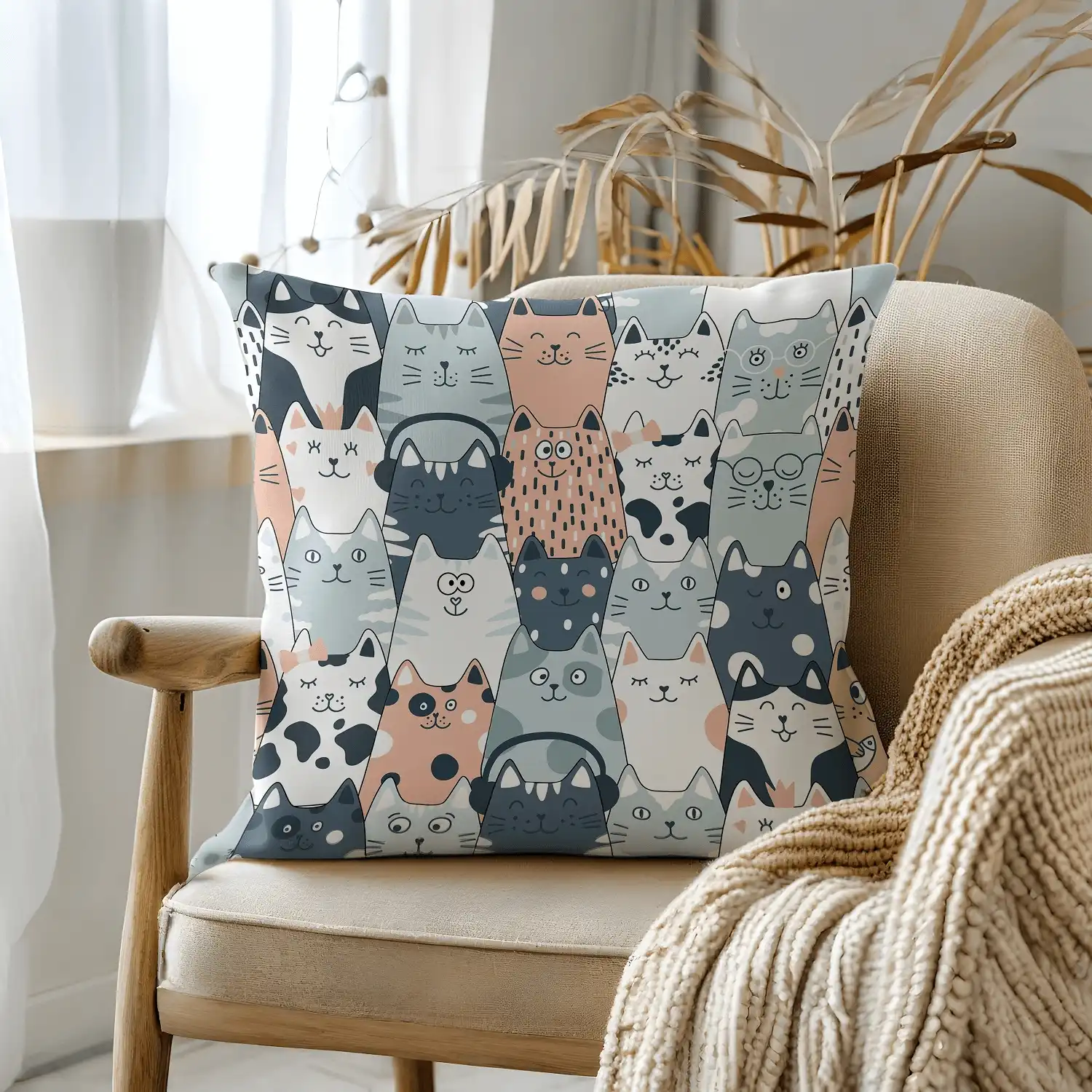 Cat Throw Pillow 2 Pillow on bamboo couch with cats