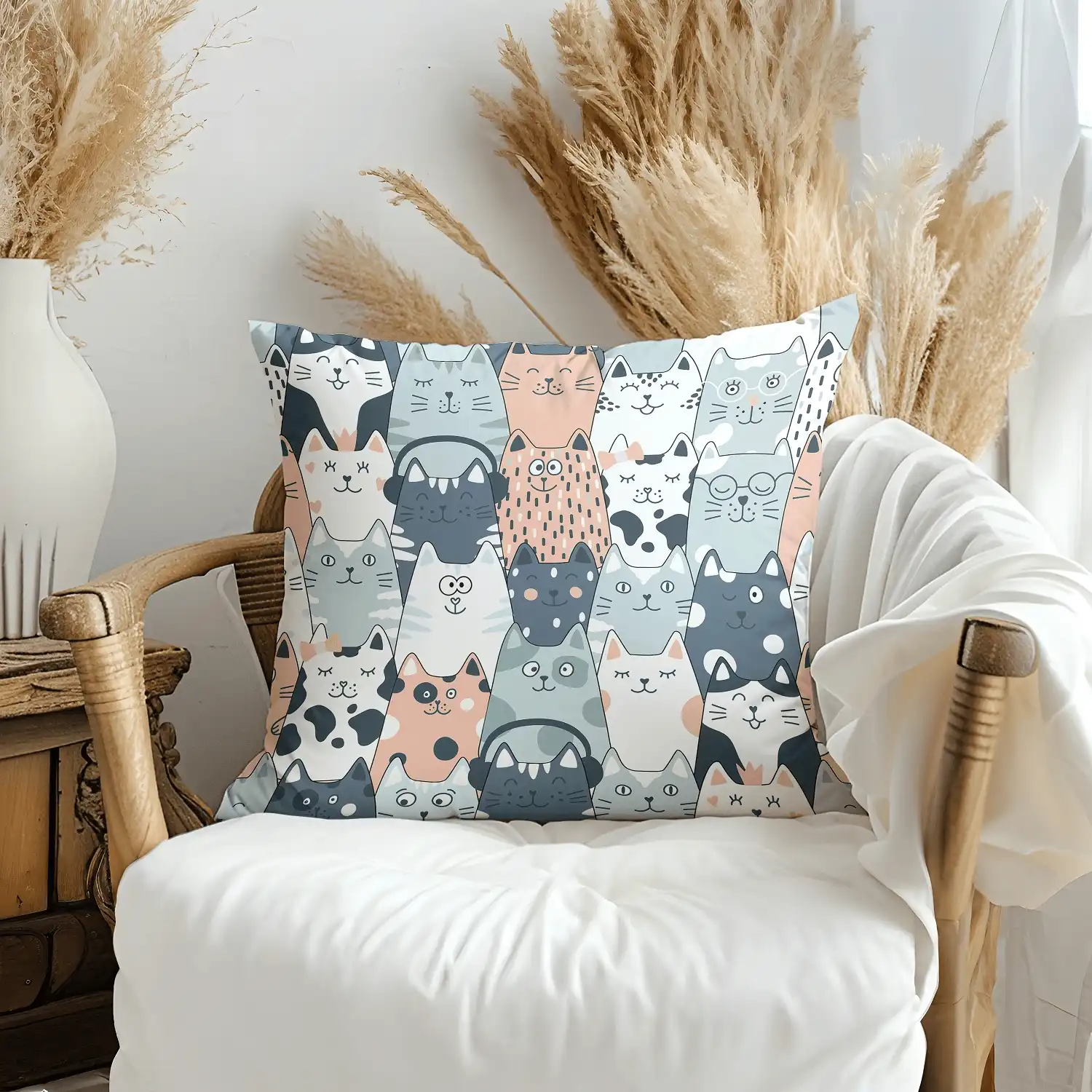 Pillow on bamboo couch with cats