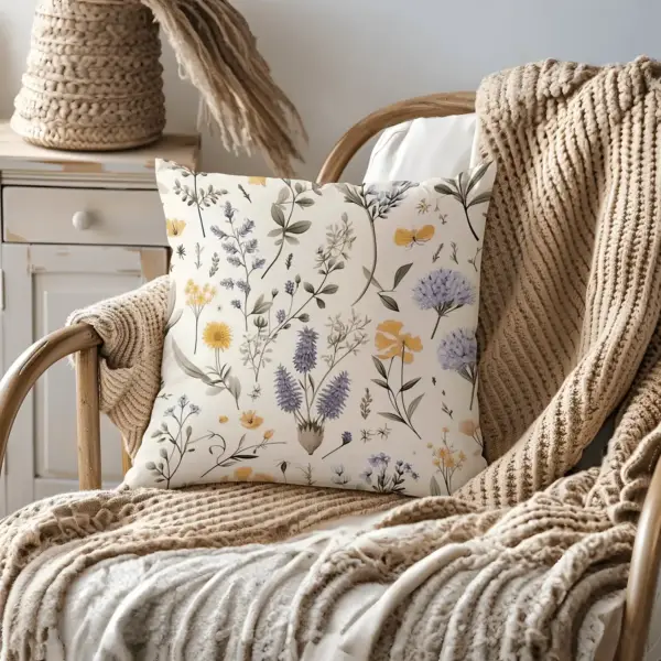 Pillow on bamboo couch with botanical illustrations