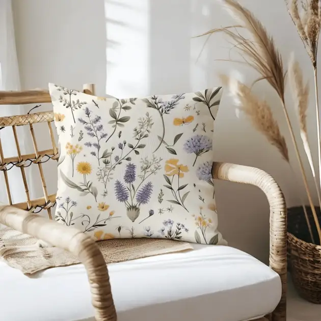 Pillow on bamboo couch with botanical illustrations