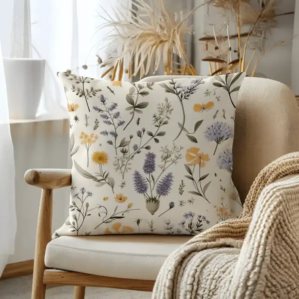 Pillow on bamboo couch with botanical illustrations