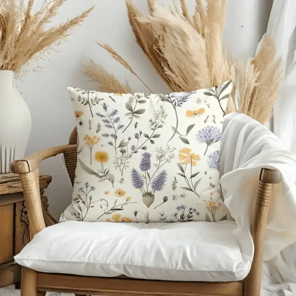 Pillow on bamboo couch with botanical illustrations