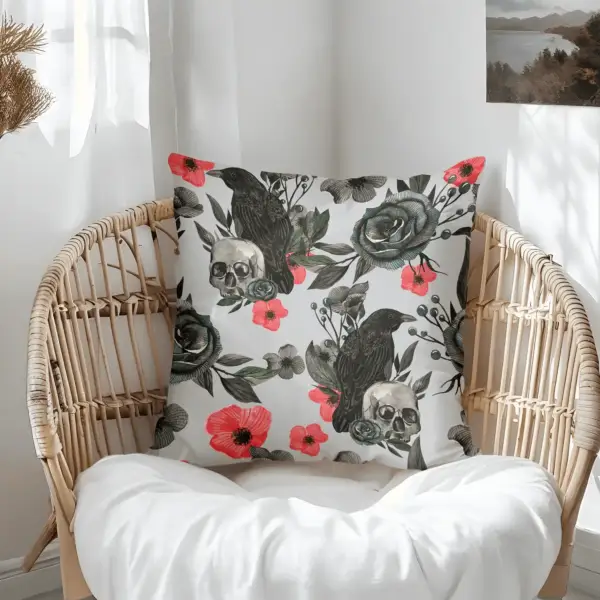 Pillow on bamboo couch with skull and flowers