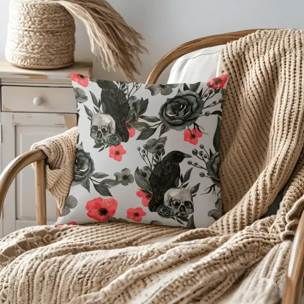 Pillow on bamboo couch with skull and flowers