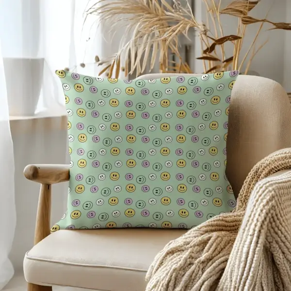 Pillow on bamboo couch with smiles