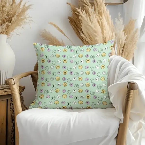 Pillow on bamboo couch with smiles