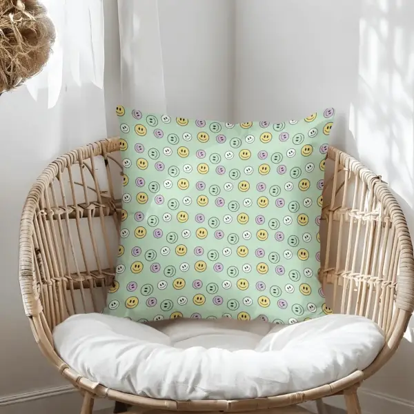 Pillow on bamboo couch with smiles