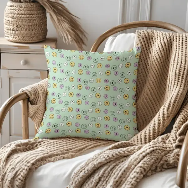 Pillow on bamboo couch with smiles