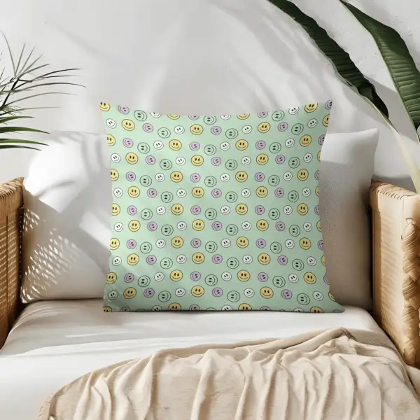 Pillow on bamboo couch with smiles
