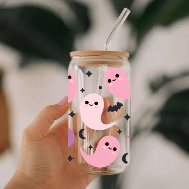 Pink Friendly Ghost Glass Can Libbey 475ml - Kawaii Labs 1