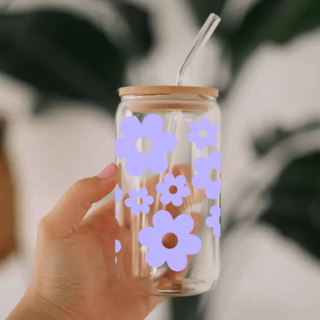 Purple Flower Glass Can Libbey 475ml - Kawaii Labs 1