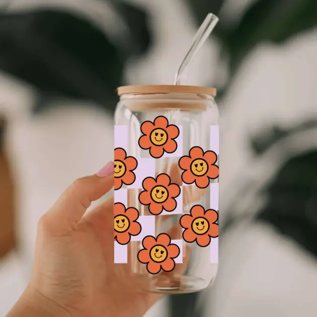 Retro Flower Glass Can Libbey 475ml - Kawaii Labs 1